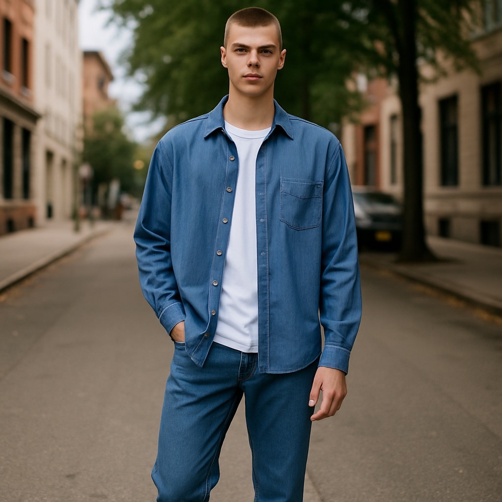 Sz L XMI Sport Denim Color Dress Shirt $80 MSRP